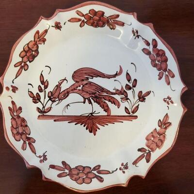 Set of 5 Faience Red Bird of Paradise Plates