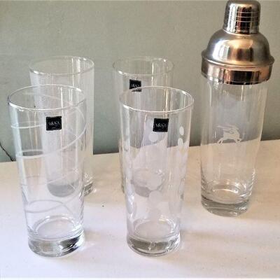 Lot #67  Cocktail Shaker and four Mikasa tall drink glasses