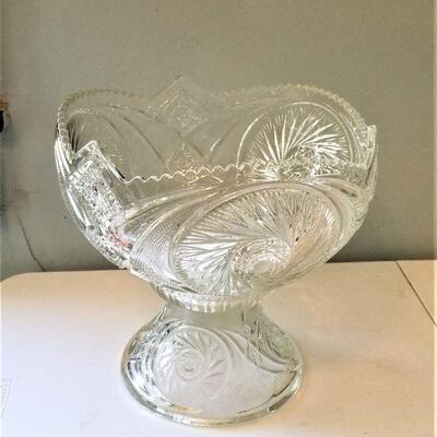 Lot #69  Large Vintage Pressed Glass Punch Bowl on Stand 