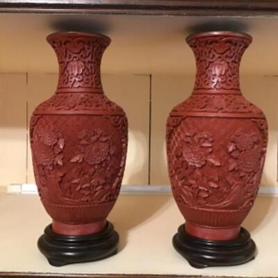 C - 487 Pair of Chinese Cinnabar Vases 