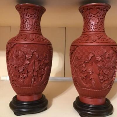 C - 487 Pair of Chinese Cinnabar Vases 