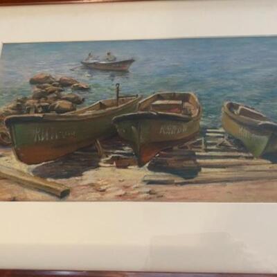 B - 512: Signed Russian Artwork Boats on Beach Side 