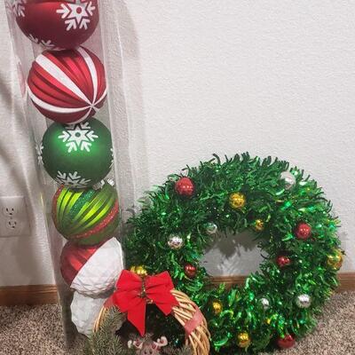 Lot 248: Large Christmas Ornaments & 2 Wreaths 