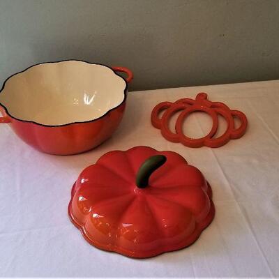Lot #76  Techniques Enamel Casserole in the form of a Pumpkin