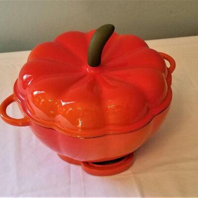 Lot #76  Techniques Enamel Casserole in the form of a Pumpkin