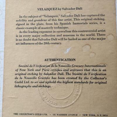 SALVADOR DALI Original Etching with Authenticity â€œVelazquezâ€ Signed 12 x 15