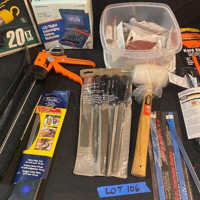 Lot 106 - Tools, Hardware and Accessories (Circular drill bits, 2 Porter-Cable 12V batteries. saw, saw blades, LCD digital auto-ranging...