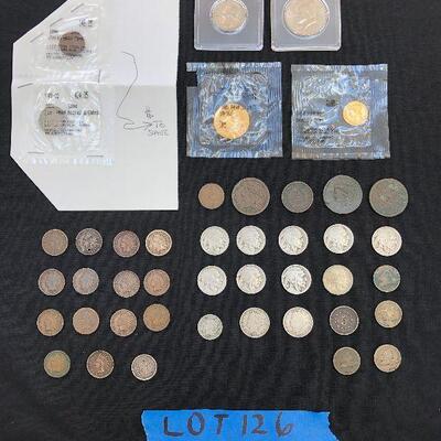 Lot 126 - U.S. Coins ( Kennedy Half Dollar, Buffalo Nickels, Liberty Head Nickel w/Cents, Indian Head Penny and 2 gold plated coins)