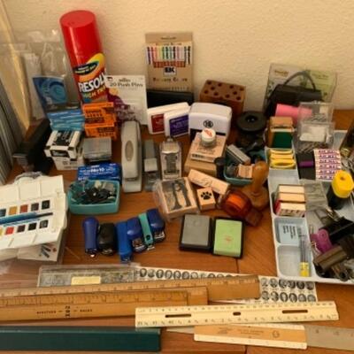 Lot 5U. Small office supplies, staplers, rulers, scissors, paper clips, tacks, stamp pads, etc--$20