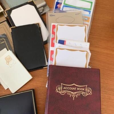 Lot 6U. Office supplies, note pads, address labels, reference books, leather business card cases vintage postcards, etc.--$20