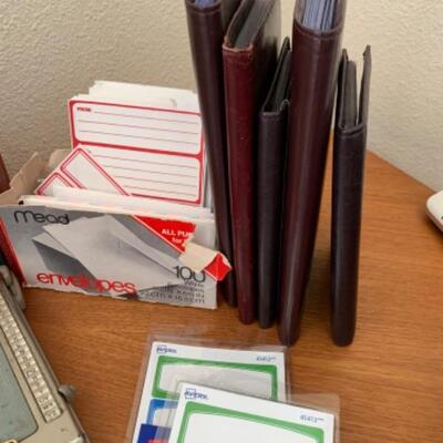 Lot 6U. Office supplies, note pads, address labels, reference books, leather business card cases vintage postcards, etc.--$20