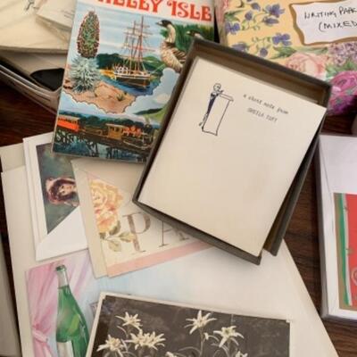 Lot 14U. Three vintage notepads, vintage stationery (personalized), gift boxes, gift cards, digital photo albums with keychains, scratch...