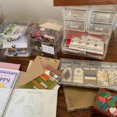 Lot 16U. Gift tags, envelopes, lucite storage boxes organizer, Dymo label maker, large gift cards,  confetti, etc.--$75