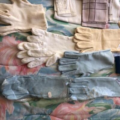 Lot 39U. Cotton gloves, French maidâ€™s accessories, menâ€™s and womenâ€™s assorted vintage hankies, multiple vintage tablecloths with...