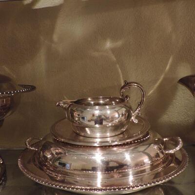 LOT 48  SILVER PLATE CHAFING DISHES  AND MORE