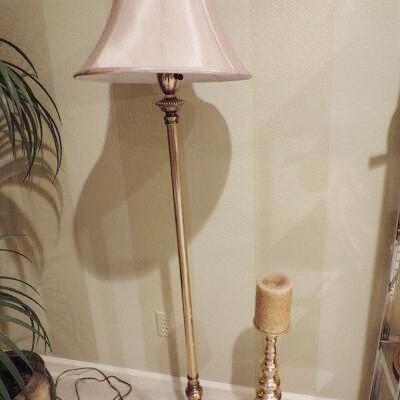 LOT 51  STIFFLE FLOOR LAMP WITH SHADE AND TALL PILLAR CANDLE HOLDER