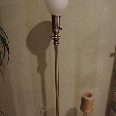 LOT 51  STIFFLE FLOOR LAMP WITH SHADE AND TALL PILLAR CANDLE HOLDER
