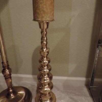 LOT 51  STIFFLE FLOOR LAMP WITH SHADE AND TALL PILLAR CANDLE HOLDER