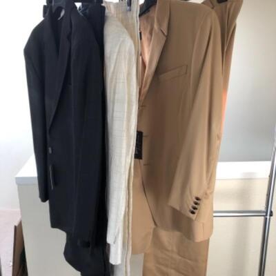 Lot 49U. Thierry Mugler suit, camel color, Italian size 58; Masamoto silk white suit, size XXL, Masamoto cashmere grey suite, size XXL--$250