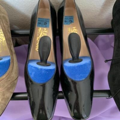Lot 51U. Five pairs of Ferragamo shoes (new, like new), size 10B; grey suede pair is 10.5 BB--$250