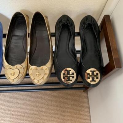 Lot 53U. Five pairs of Tory Burch flatsâ€”leather, suede, snake skinâ€”size 10.5 medium--$150