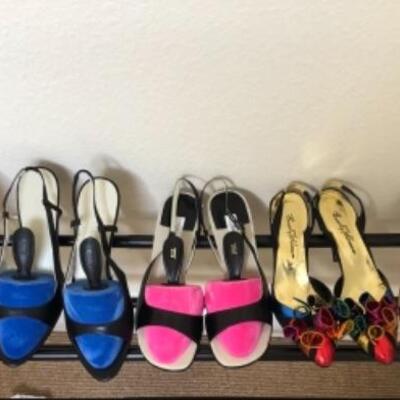 Lot 59U. Five new pairs of shoesâ€”4 open toeâ€”3 Calvin Klein (pink) size 10M, black and navy, 1 Beverly Feldman, Size 9M, and 1 Onox...