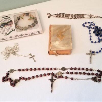 Lot #126  Antique Celluloid Praybook and Selection of Rosaries and prayer bracelets