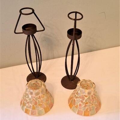 Lot #132  Pair of Mosaic Glass Tea Light Holders with Metal Base