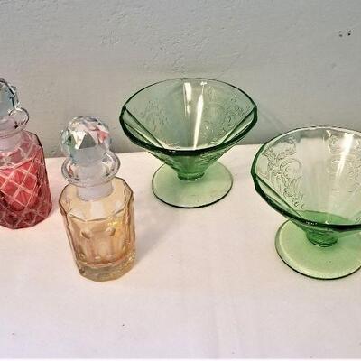 Lot #139  Pair of Glass Scent Bottles and 2 Depression era MADRID Sherbets