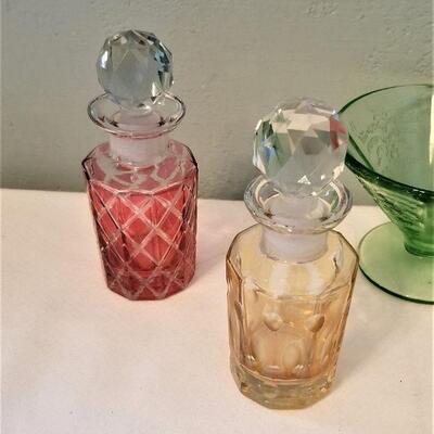 Lot #139  Pair of Glass Scent Bottles and 2 Depression era MADRID Sherbets
