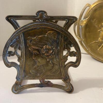 H - 649: Two Piece Brass Art Nouveau Dish and Book Holder 