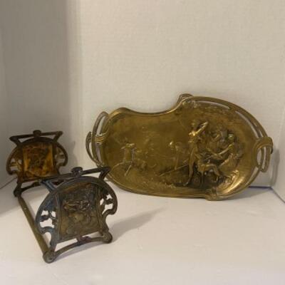 H - 649: Two Piece Brass Art Nouveau Dish and Book Holder 