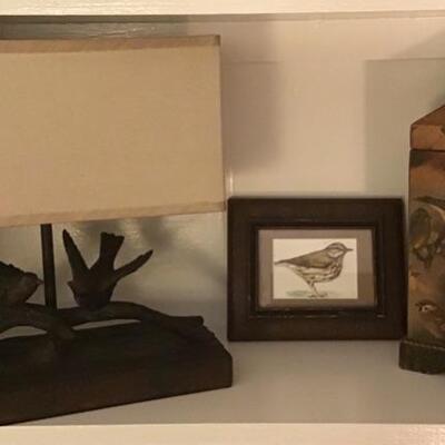 I - 744 Metal Bird Lamp, SIGNED Framed Watercolor & Wooden Box
