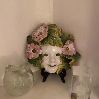 I - 748  Portuguese Pottery Mask and Glass Paperweights 