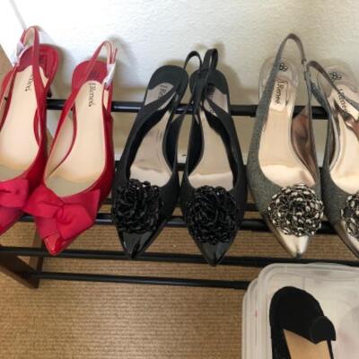 Lot 62U. Six pairs of sling back style evening shoes, new and slightly usedâ€”black, red, silver, print and taupe by J. Renee--$175