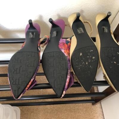 Lot 62U. Six pairs of sling back style evening shoes, new and slightly usedâ€”black, red, silver, print and taupe by J. Renee--$175