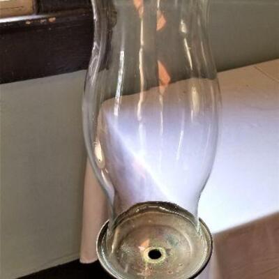 Lot #150  Pair of Tall Brass Candle Holders w/Hurricane Shades