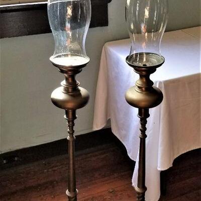 Lot #150  Pair of Tall Brass Candle Holders w/Hurricane Shades