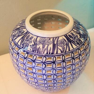 Lot #152  Pier One Table Lamp with Asian Styling and a Blue/White Pierced Vase