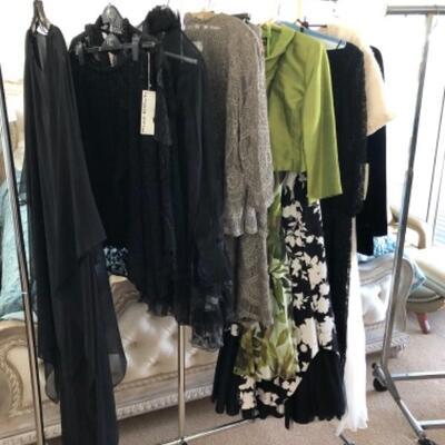 lot 113U. Lot of 9 designer gowns and ensembles, new and used (UK 40, US 16), designers in description--$275
