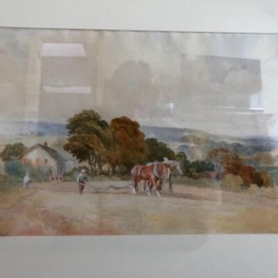 Lot 122U. Signed watercolor by A. V. Keats, 1981, restored, 29.5â€ x 22â€, pastoral landscape of man plowing fields with cow--$65