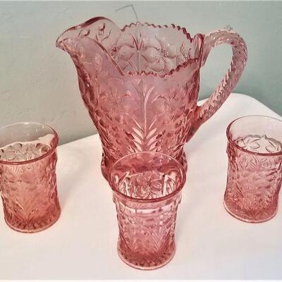 Lot #164  Contemporary Pink Glass Pitcher with 3 glasses