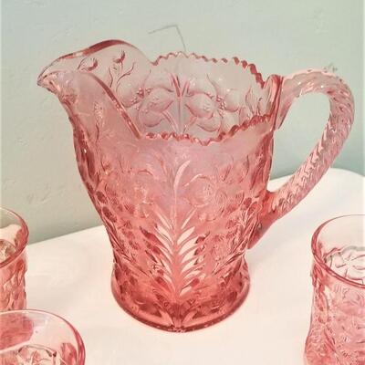 Lot #164  Contemporary Pink Glass Pitcher with 3 glasses