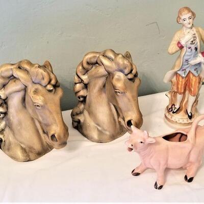 Lot #174  4 piece bric a brac lot - cow creamer, figurine, Horse bookends