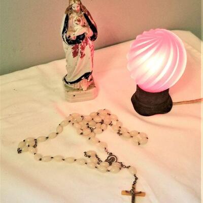 Lot #178  Vintage night light, Shabby Chic Jesus, and glow in dark rosary