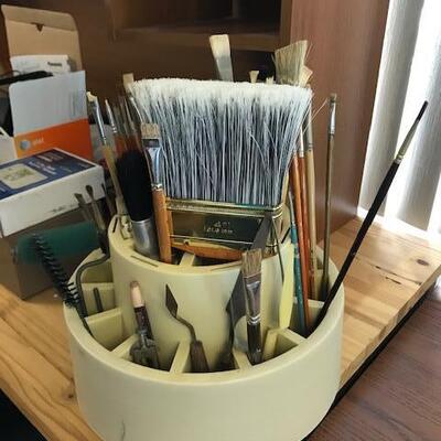 Art Supplies - Paint Brushes, Books, Two bins on Misc items (148)