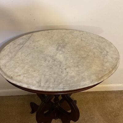 Vintage Marble Top Oval Wood Table * See Details