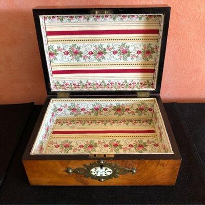 Beautiful Antique Wood and Metal Inlay Keepsake Box