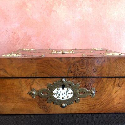 Beautiful Antique Wood and Metal Inlay Keepsake Box