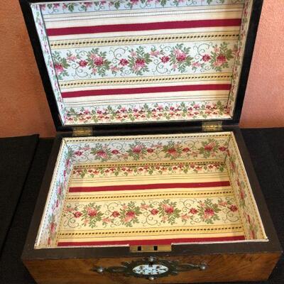 Beautiful Antique Wood and Metal Inlay Keepsake Box